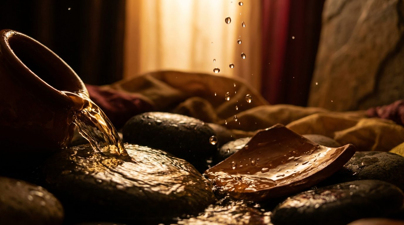 Warm water pouring over stone — the signature waterfall rinse